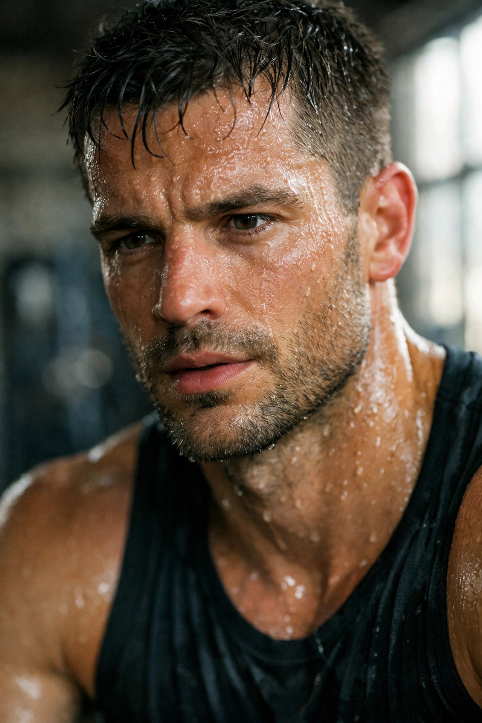 Male athlete covered in sweat after grueling training session in gym