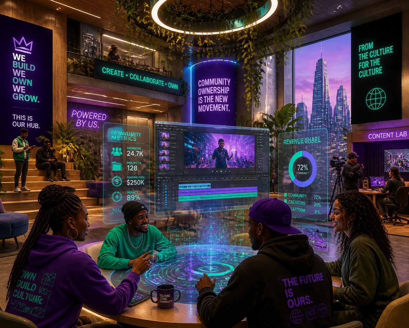 Black creators in a futuristic media hub using advanced technology to produce community-owned digital news.