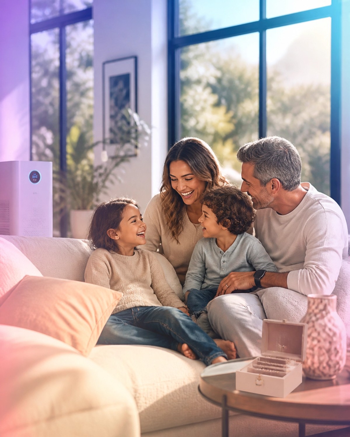 A healthy family in a bright modern living room with a subtle air purifier and a jewelry box on the table