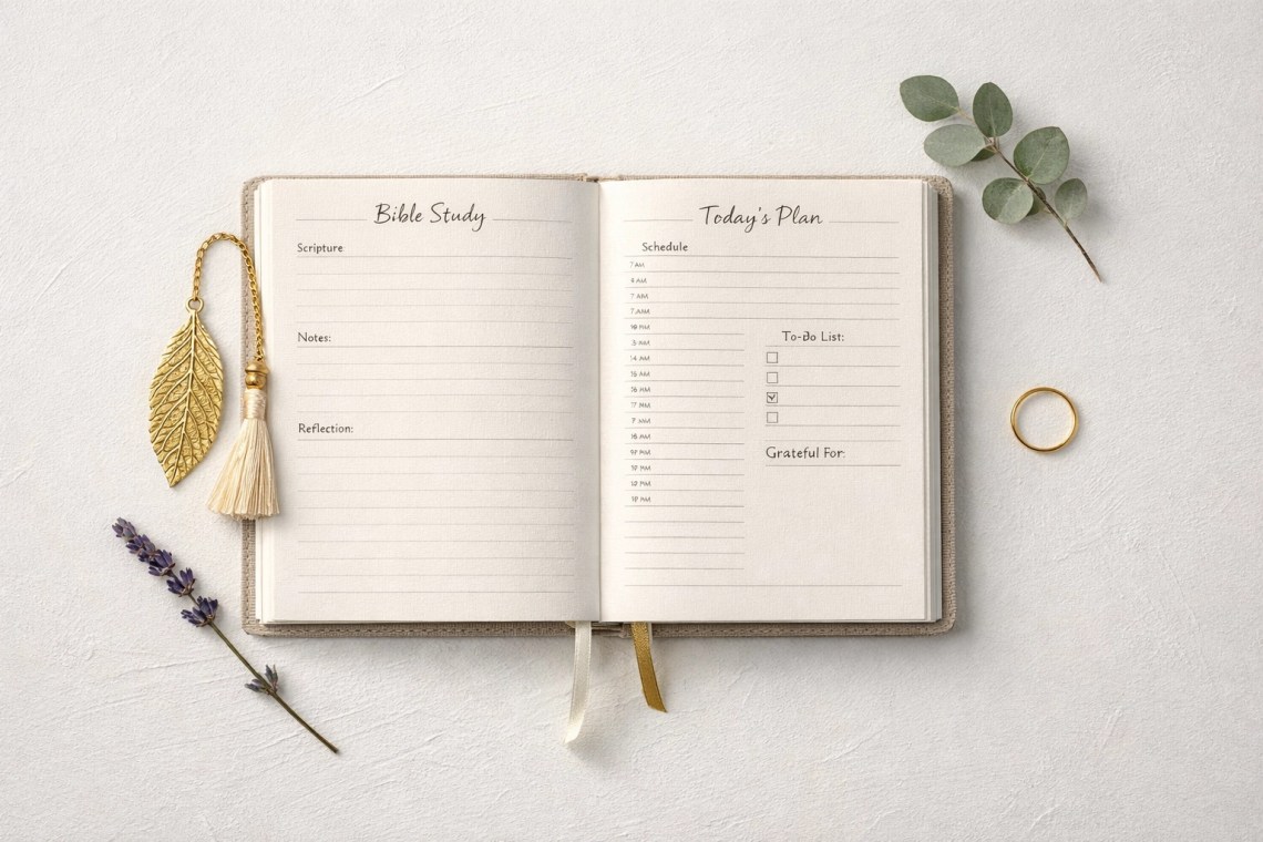 Sophisticated open daily planner and Bible study tools for intentional living and spiritual stewardship.
