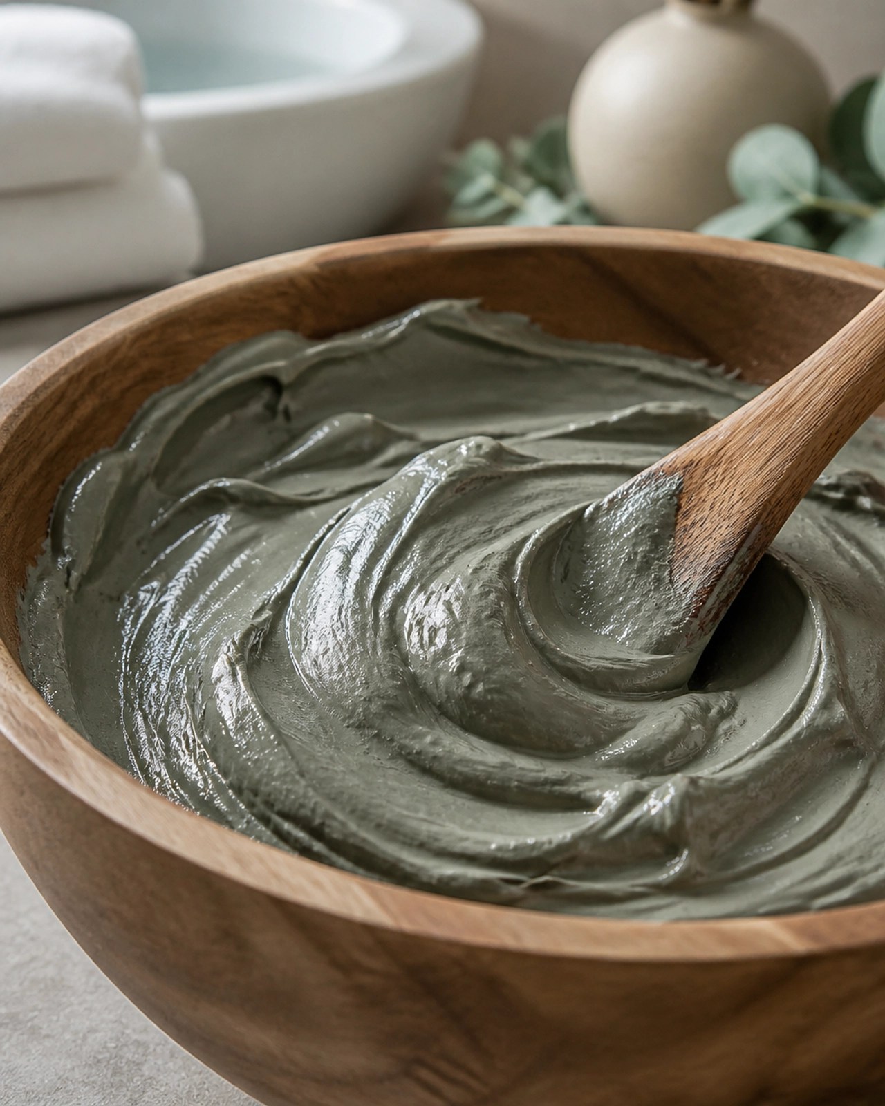 Mixing French green clay in a wooden bowl