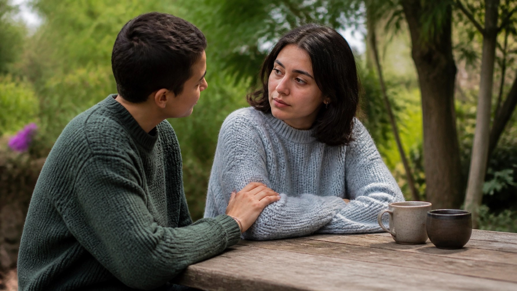 Two adults sit at a wooden picnic table in a shaded garden, one hand resting gently over the other's forearm in a quiet gesture of support. The light is soft and even, with muted greens and browns and a shallow depth of field that keeps the moment intimate.
