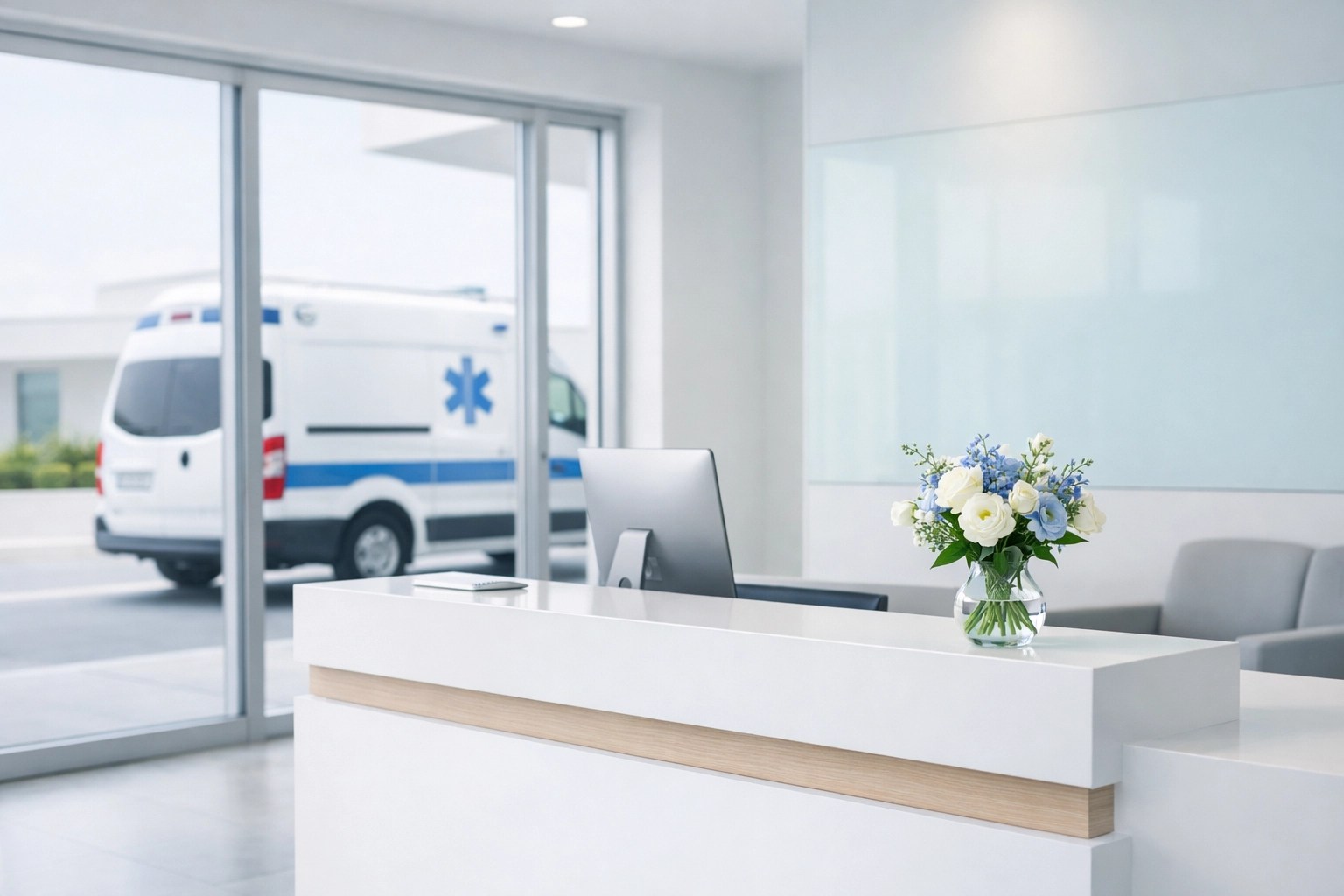 A bright medical clinic lobby with a non-emergency transport vehicle visible through the window.