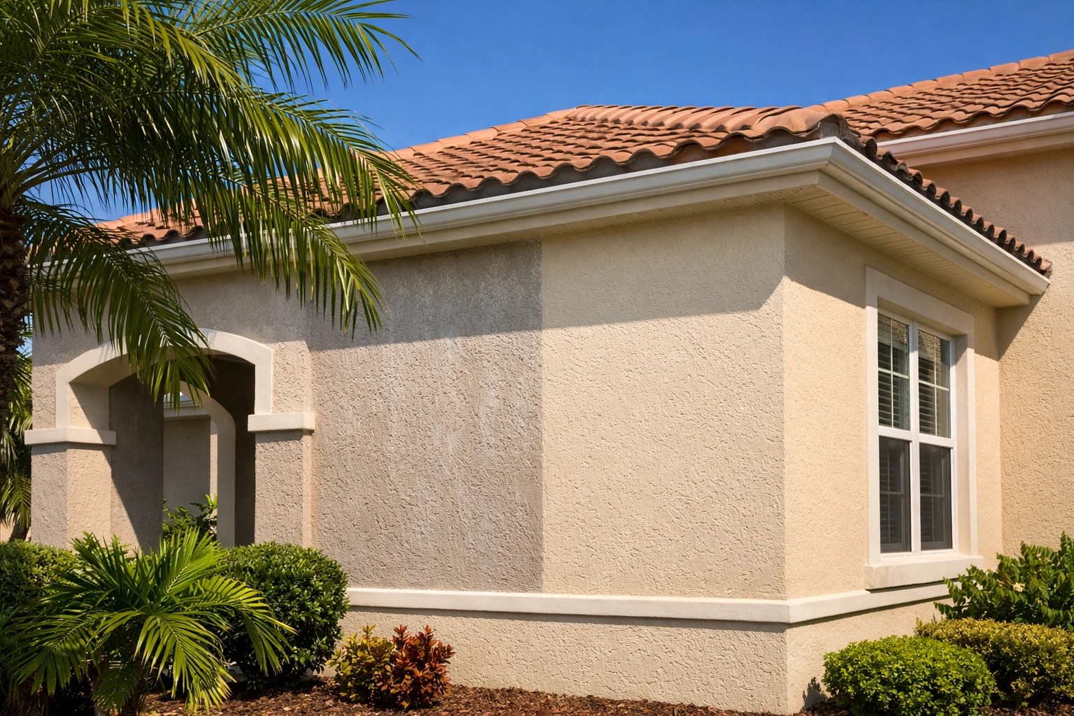 Port St. Lucie home showing UV fade and chalking effect on exterior paint compared to fresh paint