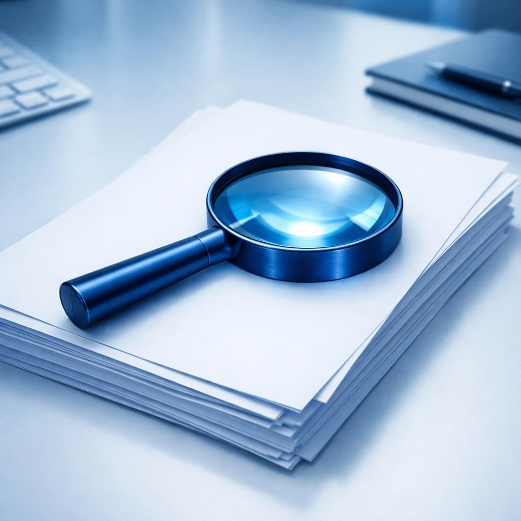 Blue magnifying glass on documents symbolizing expert bookkeeping oversight and financial accuracy.