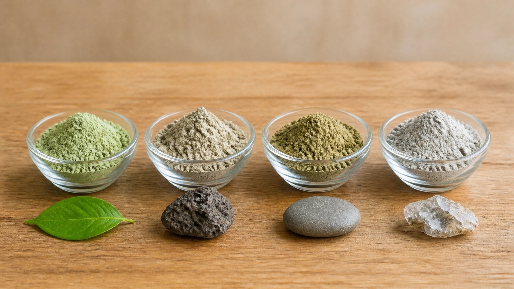 Four small glass bowls showing different clay colors/textures to represent French green/illite, bentonite, illite, and montmorillonite