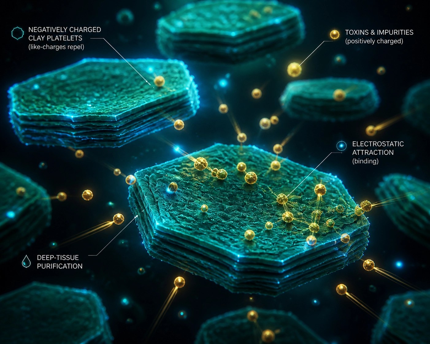 Microscopic visualization of medicinal clay particles attracting positively charged toxins through ion exchange.