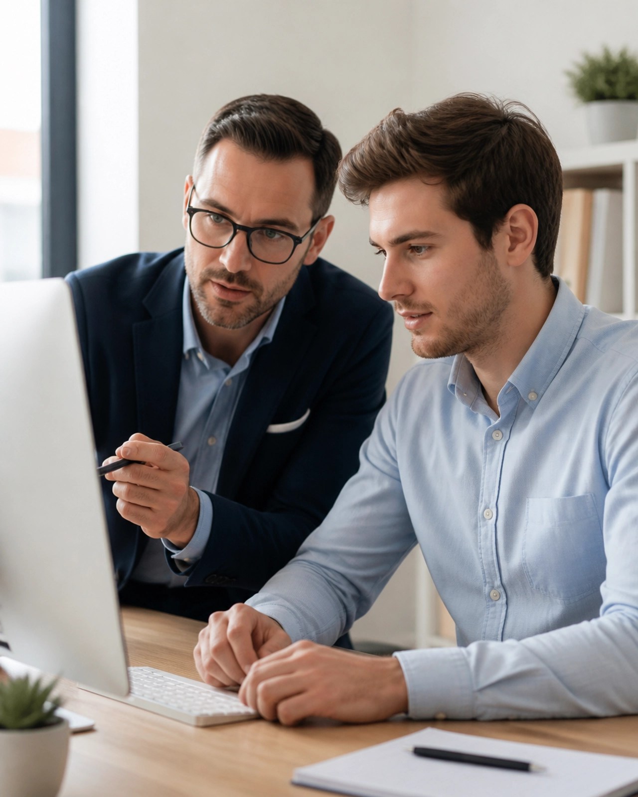 A senior professional coaching a younger sales representative