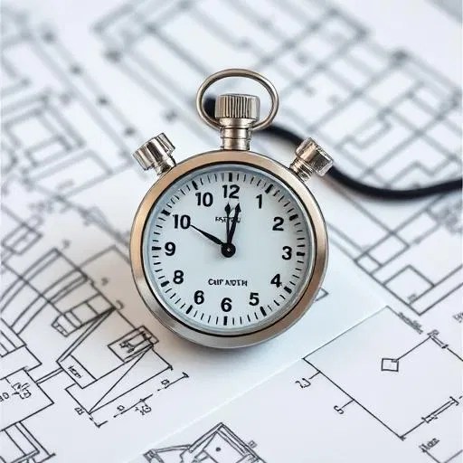 Engineering stopwatch on top of site blueprints and technical reports
