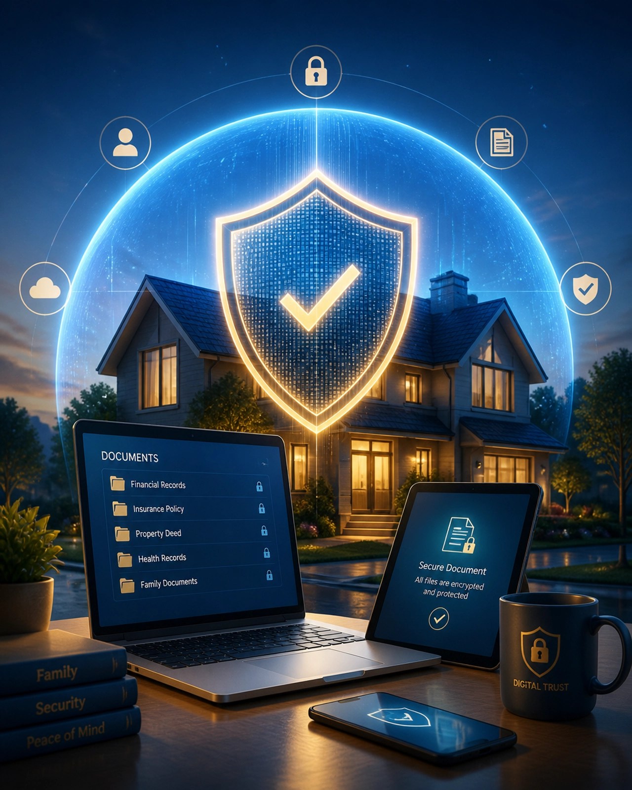 A conceptual 3D render of a digital shield protecting a family's home and electronic documents, representing security and stability.