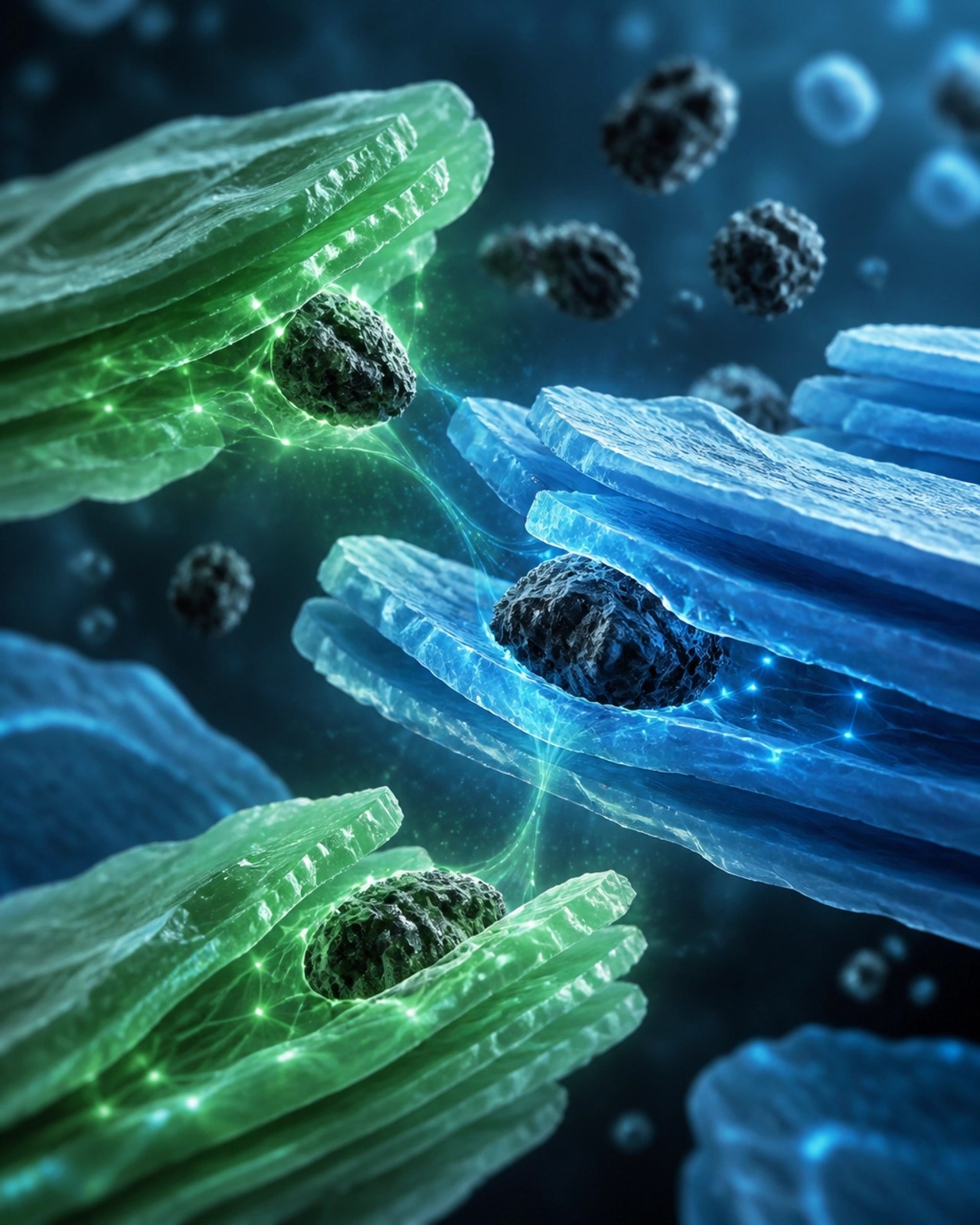 Abstract scientific representation of mineral particles trapping toxins