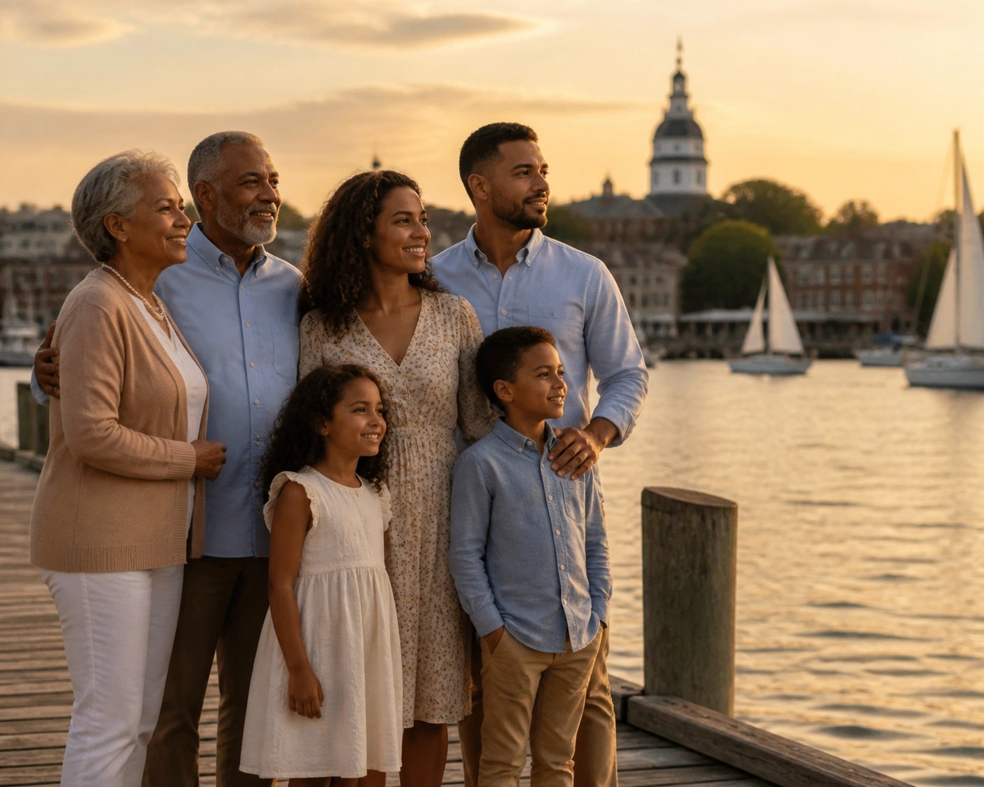 Multi-generational family on an Annapolis pier symbolizing a secure Maryland financial legacy.