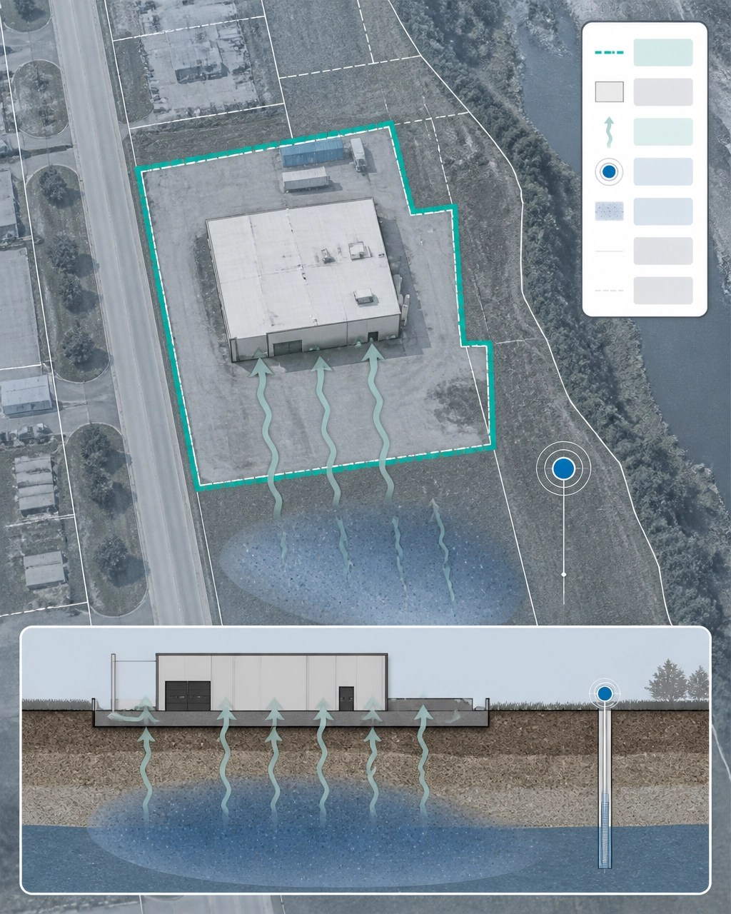 GIS-style parcel map showing an indoor air notification boundary, vapor intrusion pathway, building slab, and groundwater monitoring point