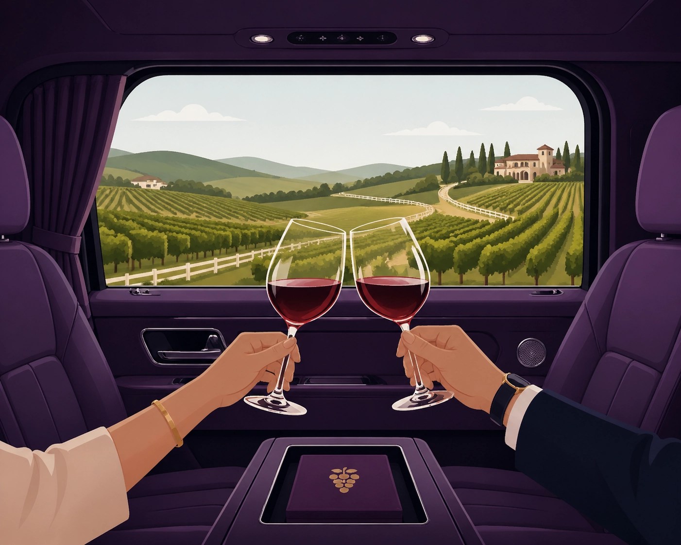 Toast with wine glasses inside a luxury vehicle touring through Loudoun County wineries.