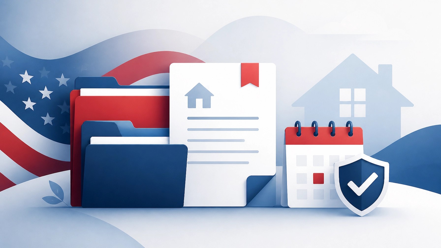 Abstract folders, closing disclosure, calendar, and secure checkmark in a red, white, and blue educational design