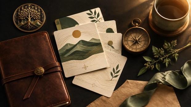 A leather-bound journal, itinerary cards, brass compass, and muted green details on an onyx desk