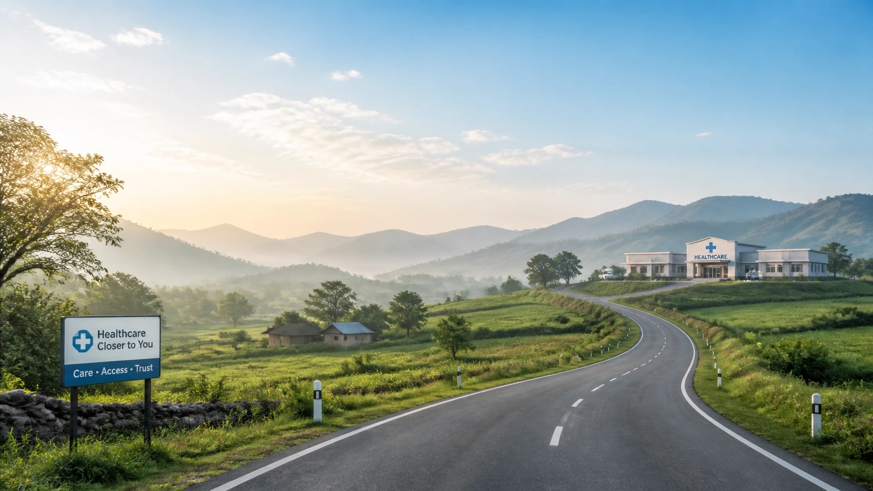 A winding rural road leading toward a medical facility, symbolizing access in remote areas.