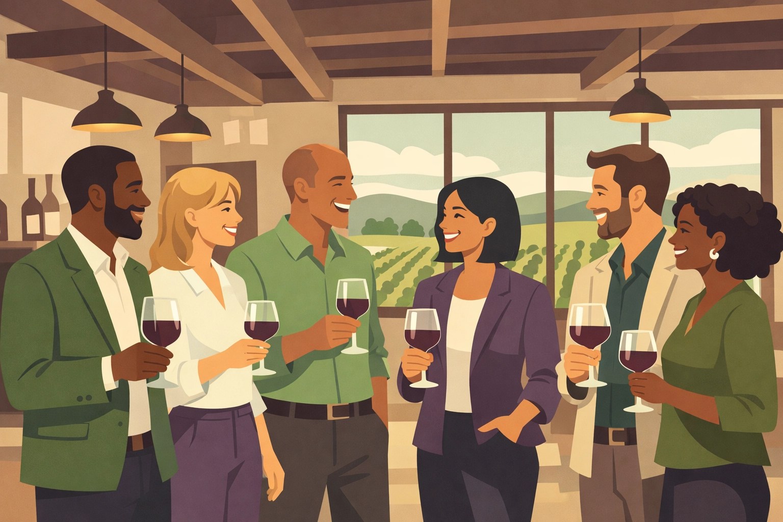 Business professionals enjoying networking at Virginia winery tasting room during corporate team building event
