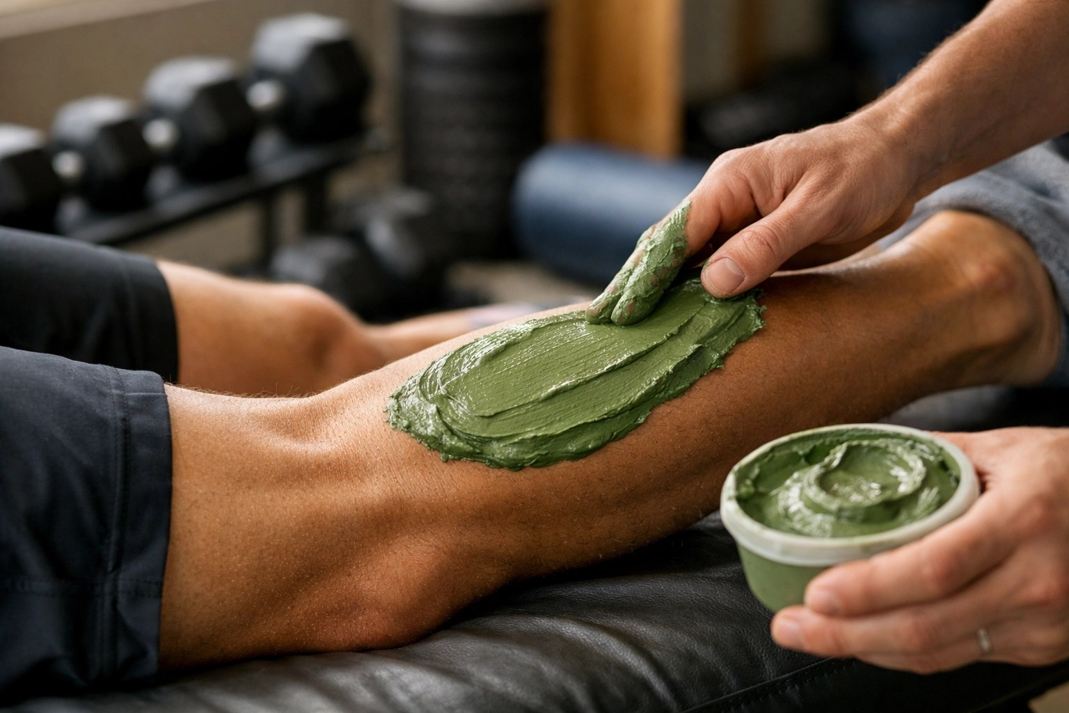 Athlete applying green clay to calf muscle for natural post-workout recovery