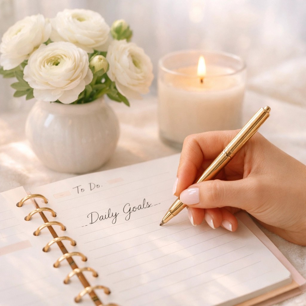 Close-up of a woman writing in her bible study planner during her focused morning quiet time.
