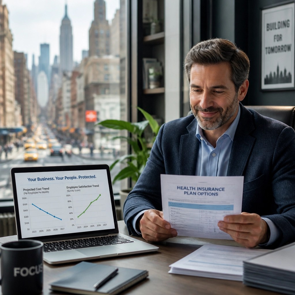 A New York business owner looking relieved while reviewing paperwork that shows cost savings and high employee satisfaction.