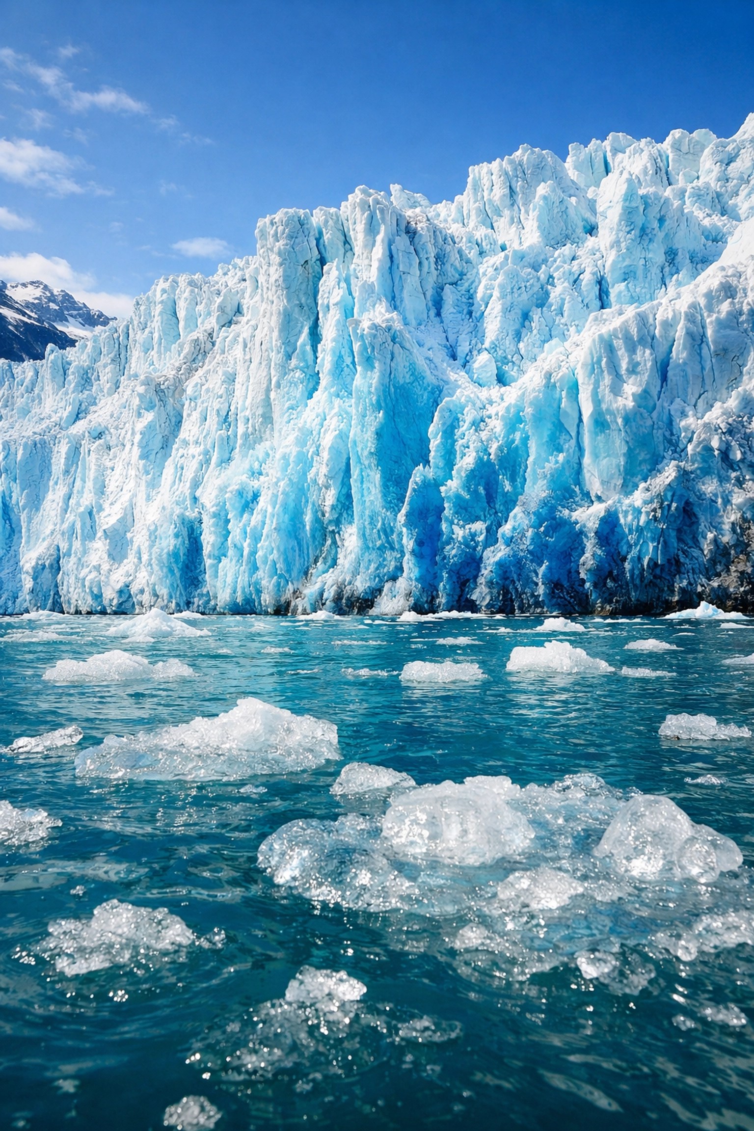 A massive blue tidewater glacier in Glacier Bay National Park seen from the water during an Alaska cruise.