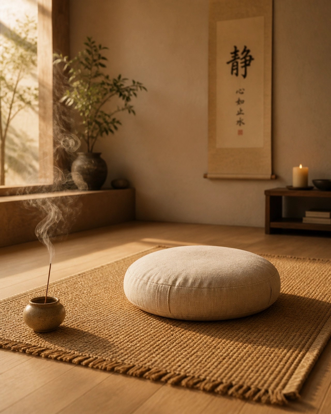 A tranquil meditation space with a woven mat and a handcrafted incense holder in golden morning light.