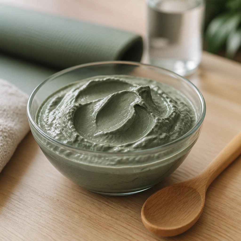 A glass bowl filled with rich, green clay paste next to a wooden spoon.
