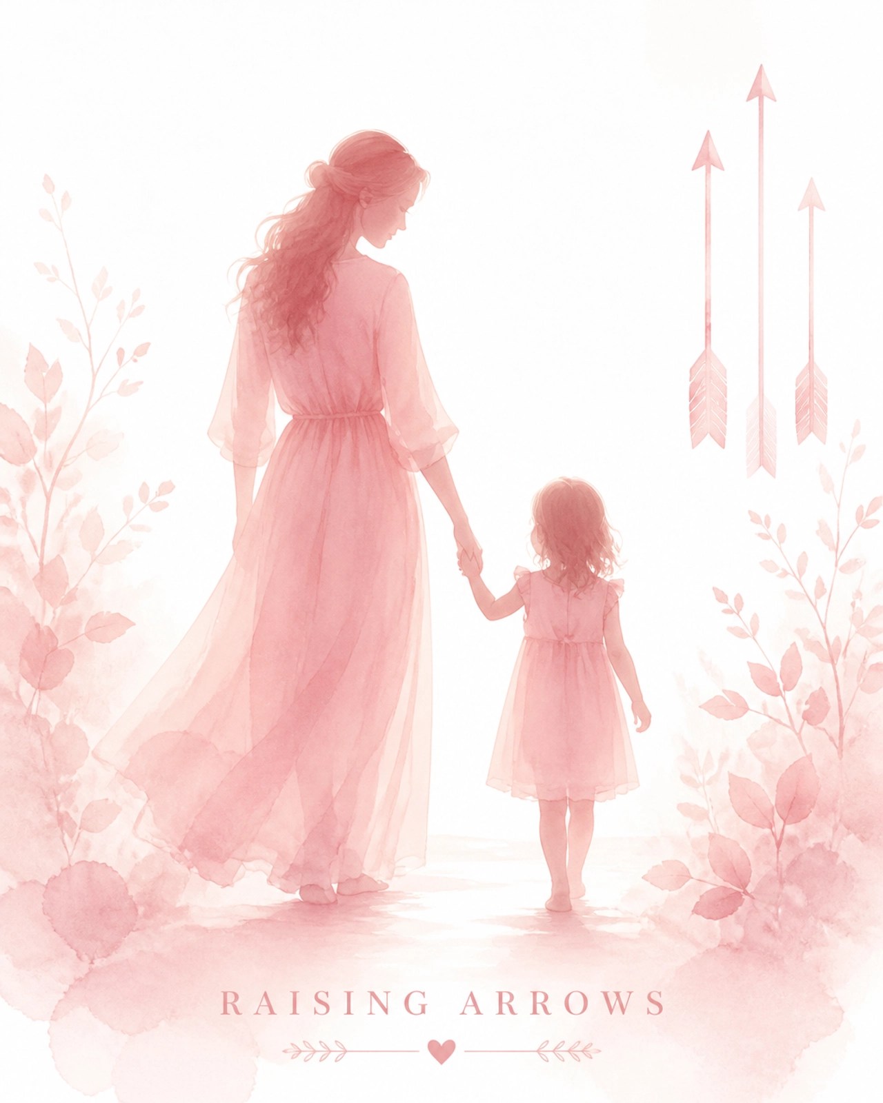 Soft watercolor silhouette of a mother gently holding a child's hand