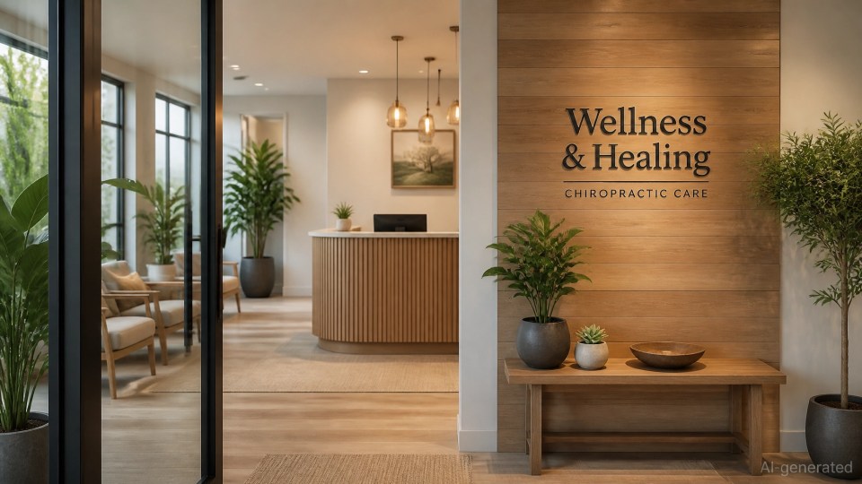 A modern, welcoming chiropractic office with warm wood and plants.
