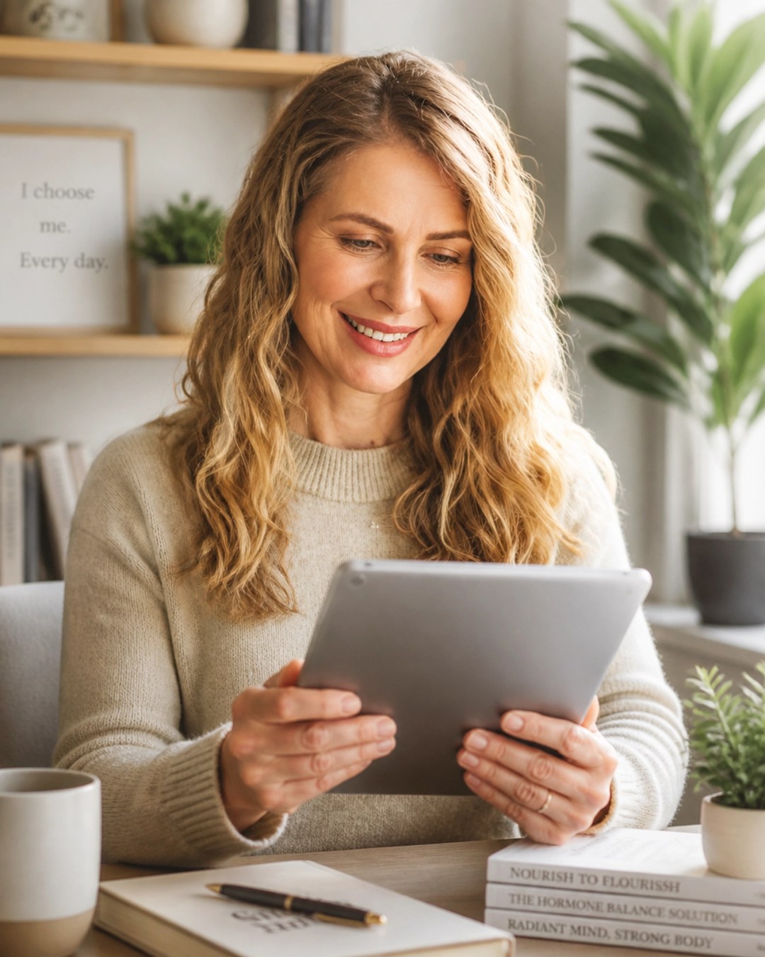 A woman in her 50s looking at a digital tablet with a smile of relief, feeling informed and in control of her health journey.