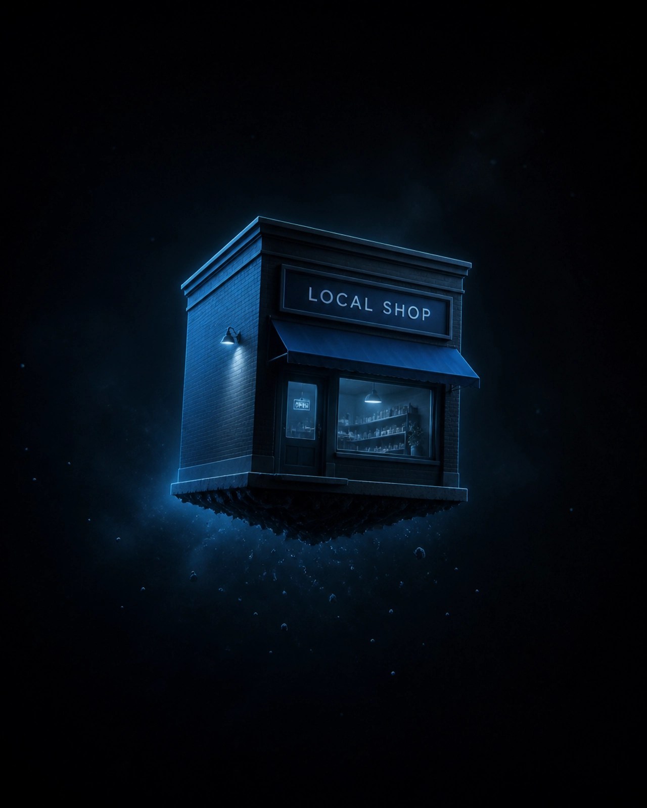 A small shop floating in a dark, empty void, representing a business with no local context
