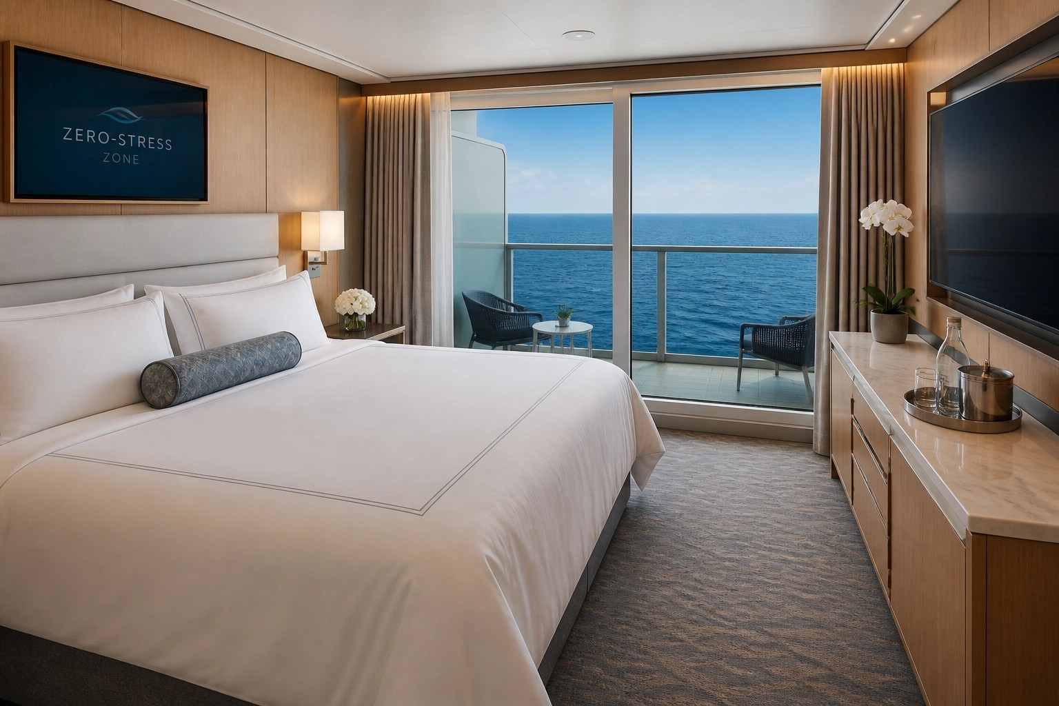 A sanitized luxury cruise ship suite with ocean views and clean surfaces for a stress-free vacation.