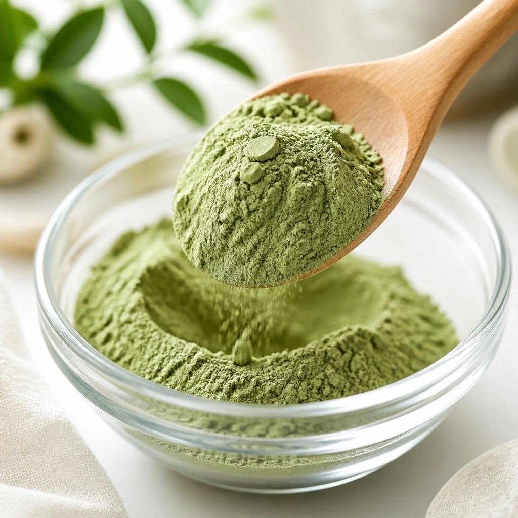 A wooden spoon and glass bowl being used to prep green clay
