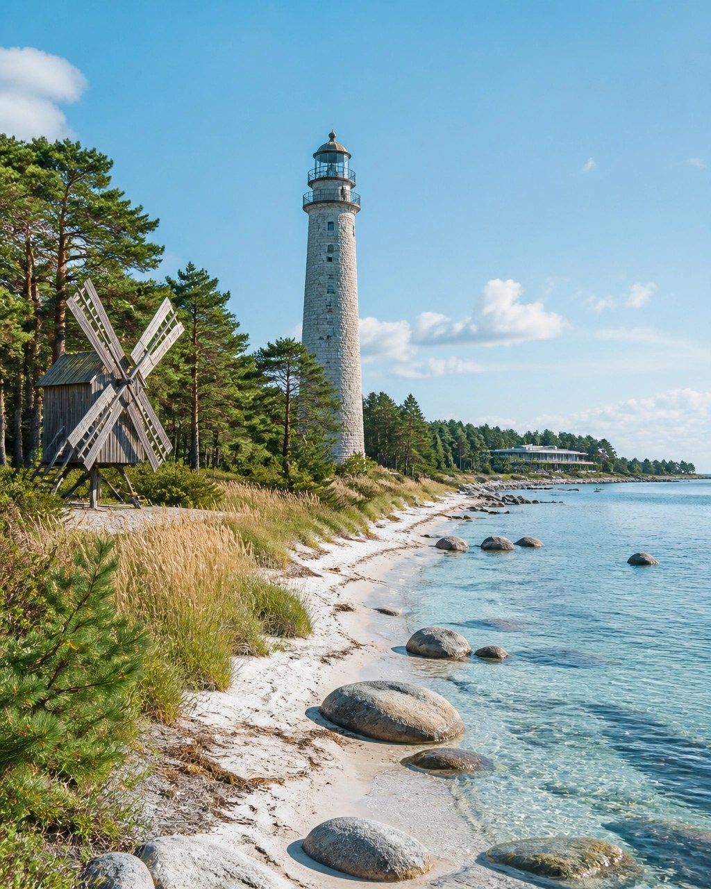 A serene Baltic shoreline, pine forest, lighthouse and traditional windmill on Saaremaa Island
