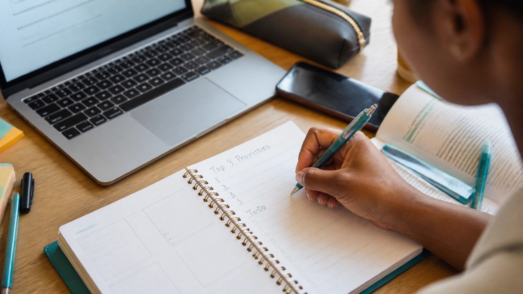 Close up of a student writing the top three priorities for the day in a planner beside a laptop and class notes