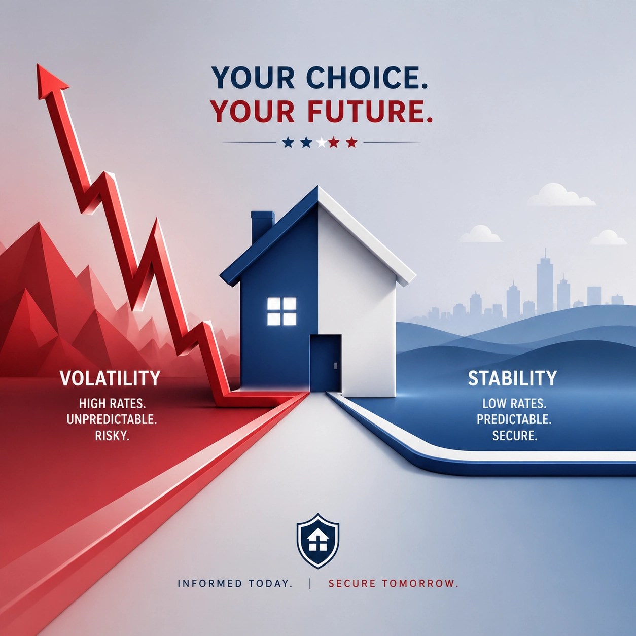Patriotic illustration of a house with paths representing the stability of low VA loan interest rates versus rising market trends.