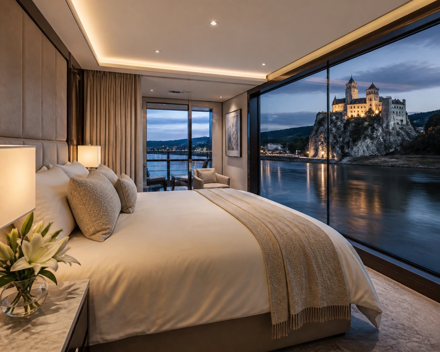 Elegant river cruise balcony suite featuring a luxury bed and scenic Danube River castle views.