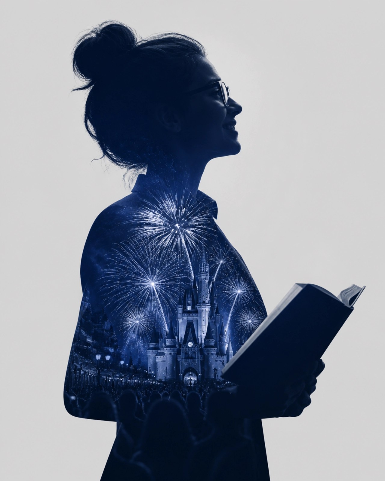 A high-contrast monochrome image with a deep navy blue color overlay. A sharp silhouette of a female educator holding a book, serving as a container for a secondary photographic texture of a grand castle.