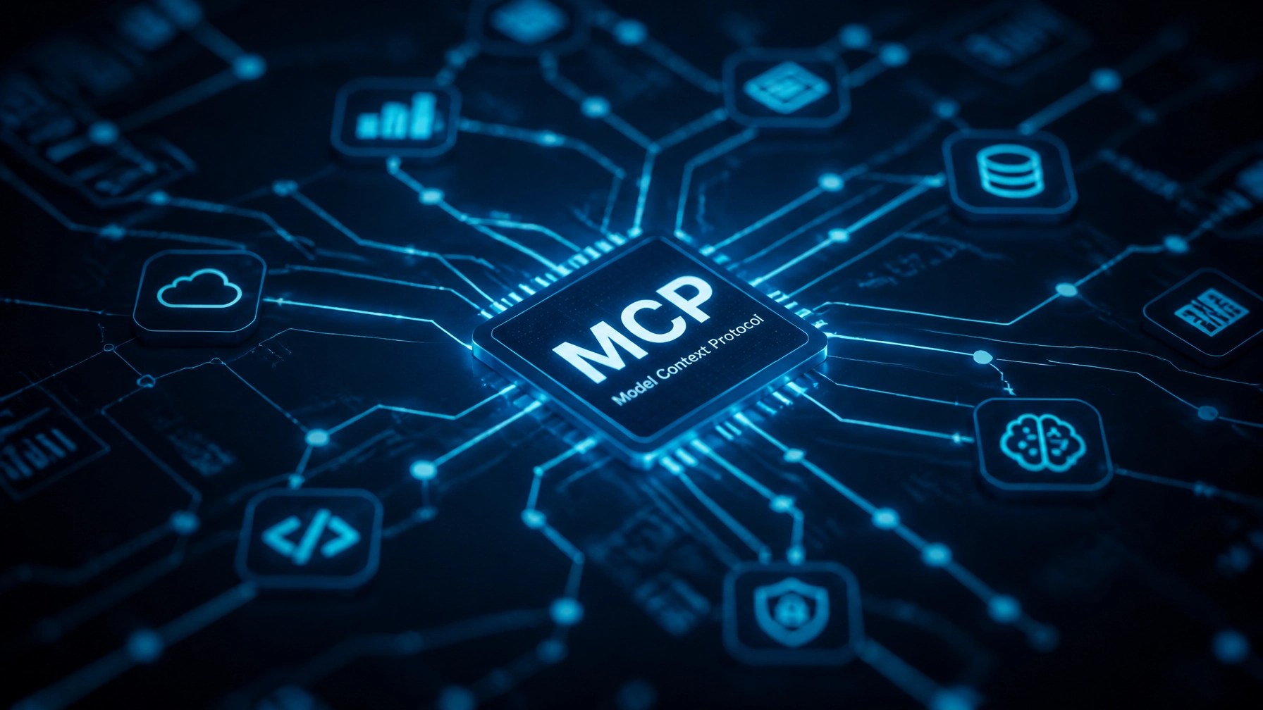 Abstract technical visual of interconnected data nodes representing the Model Context Protocol (MCP).