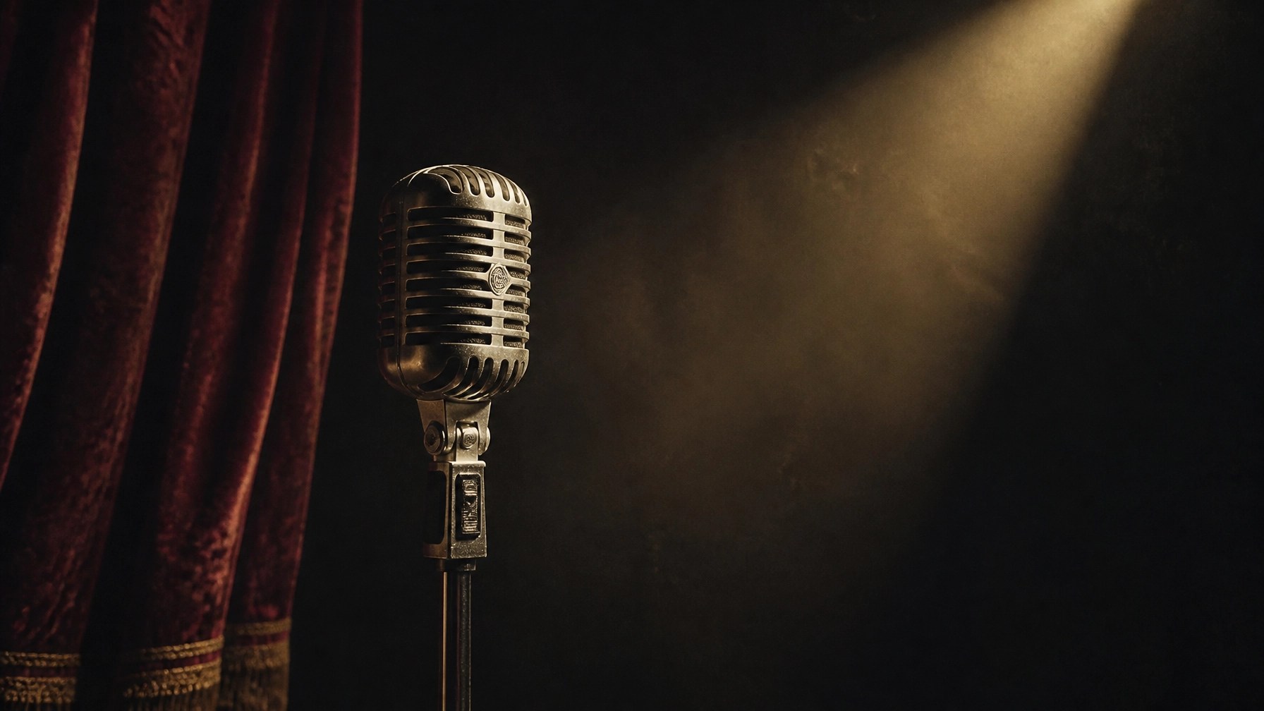 A vintage-style singer's microphone on a dark stage with a single spotlight, symbolizing artistic dreams