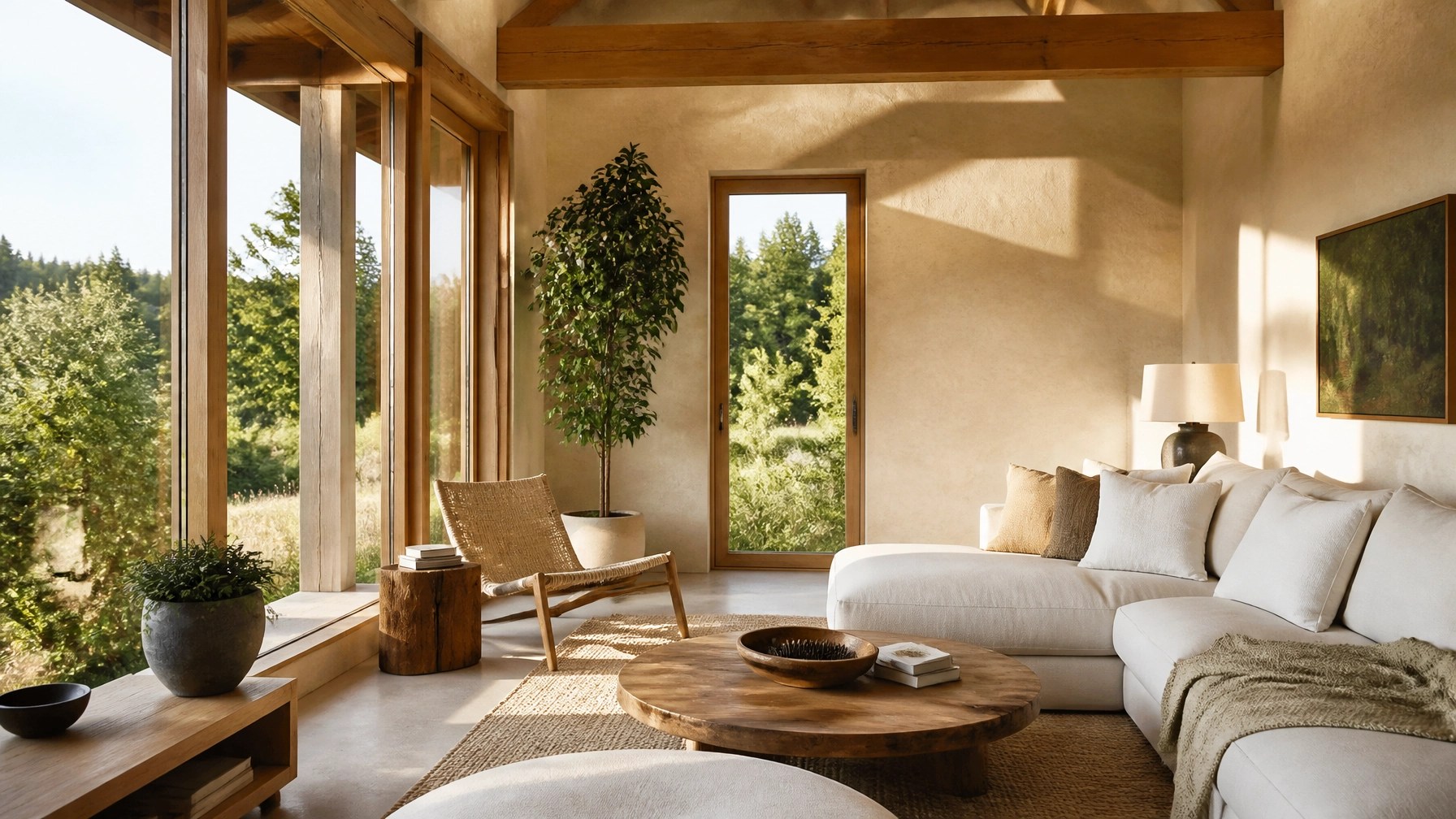 A cozy, sun-drenched interior of a finished sustainable home with natural-textured walls