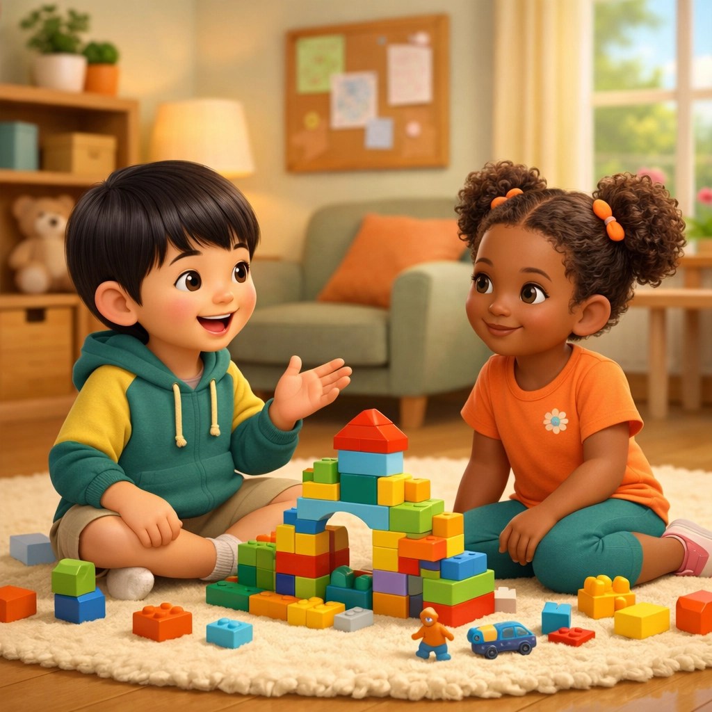 The Power of Peers: 5 Benefits of Group Therapy for Kids with ADHD and ASD | 1 | Milestones Child Psychology Two children practicing social skills and collaboration in a group therapy setting for ADHD and ASD.