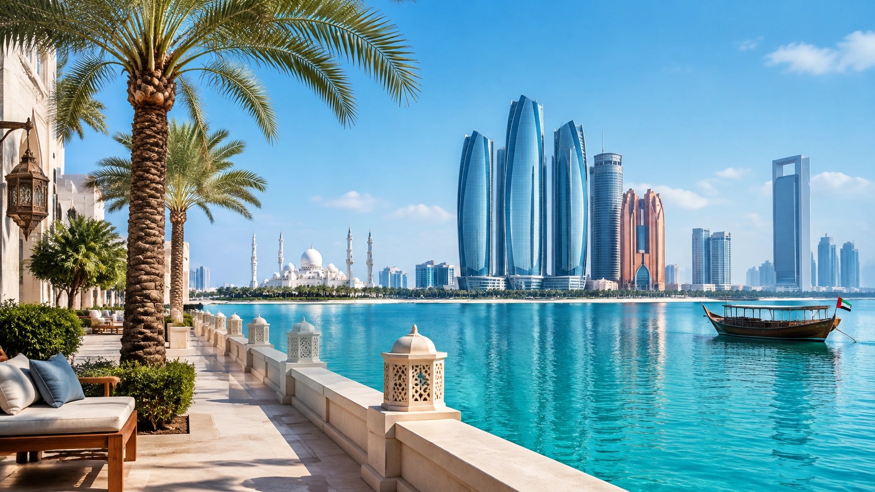 Bright daytime Abu Dhabi waterfront with turquoise water, palms and elegant modern architecture