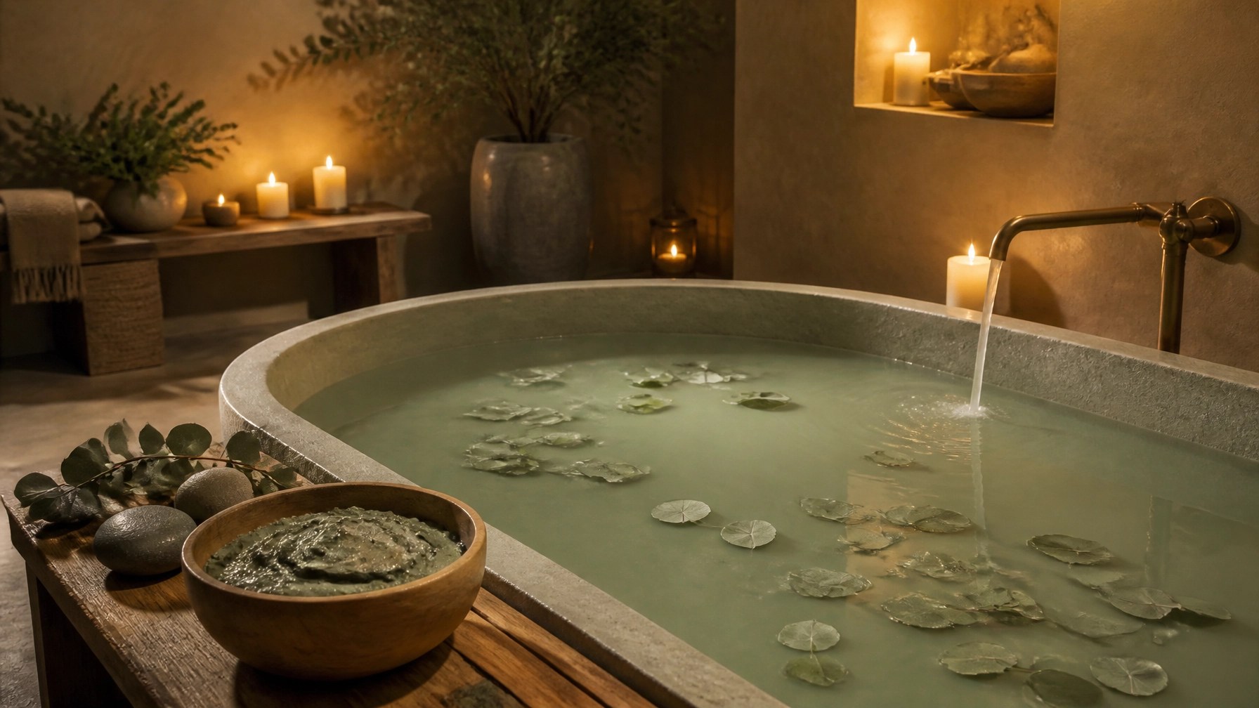 A wide shot of a luxury wellness bath with green clay, suggesting deep detox and relaxation.