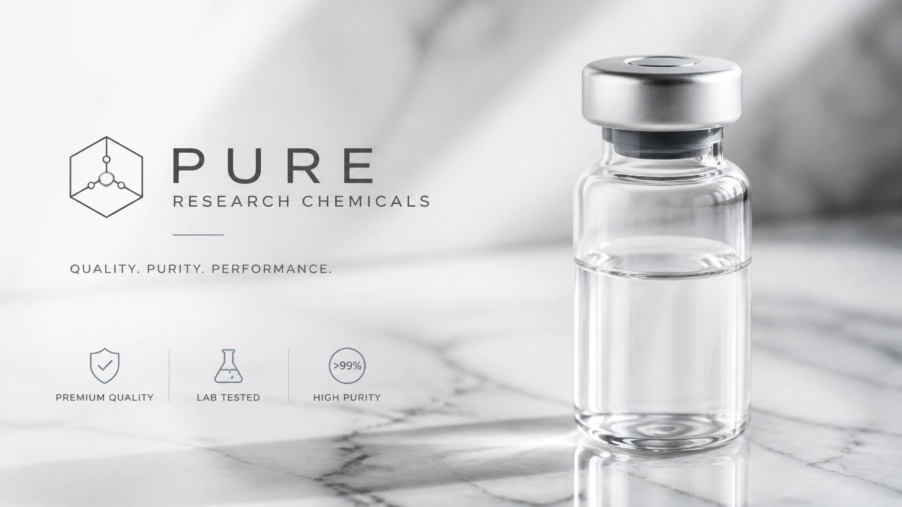A professional and minimalist banner for a research chemical brand featuring a macro shot of a glass vial