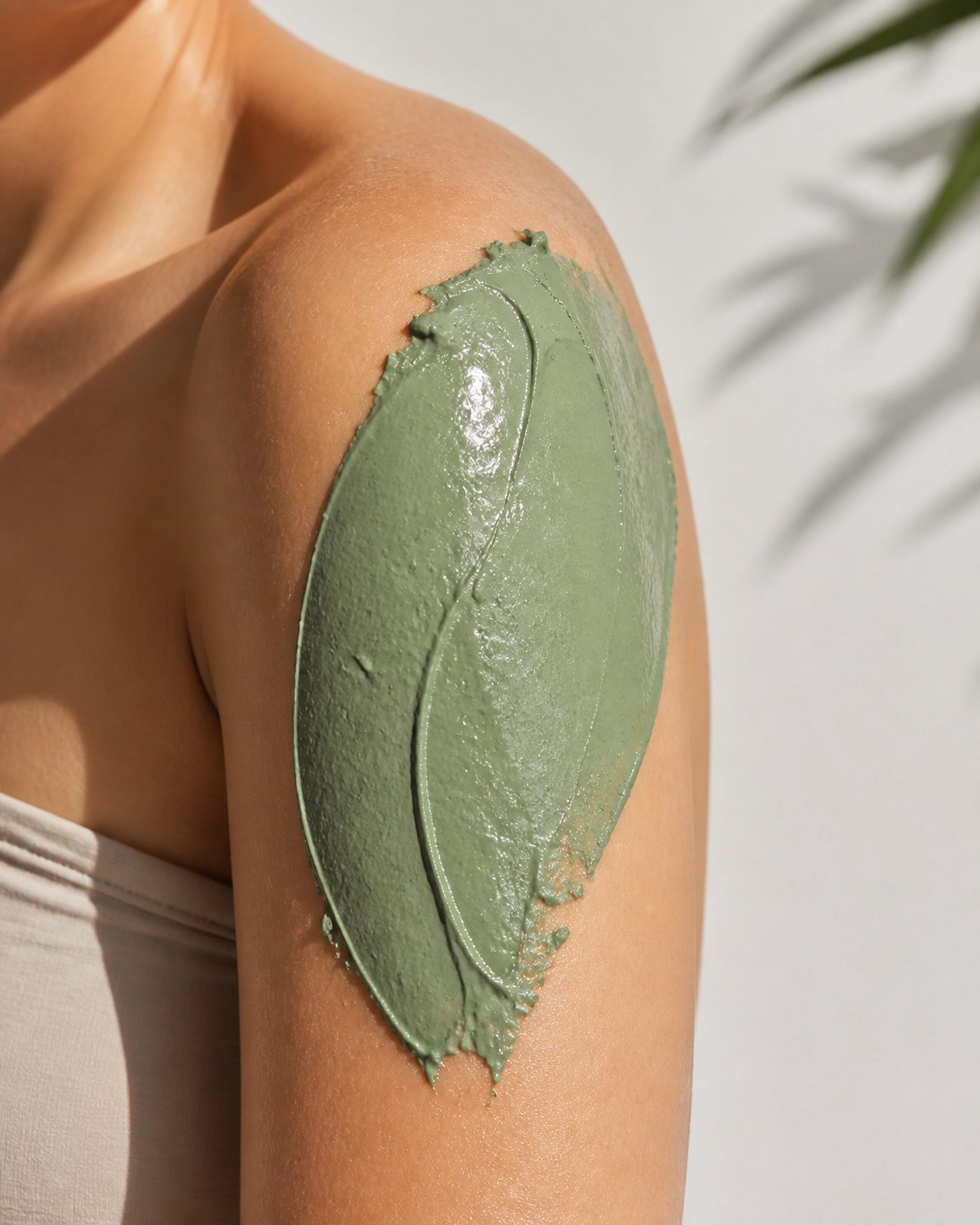 Application of thick French green clay on a shoulder for effective topical mineral exchange and muscle healing.