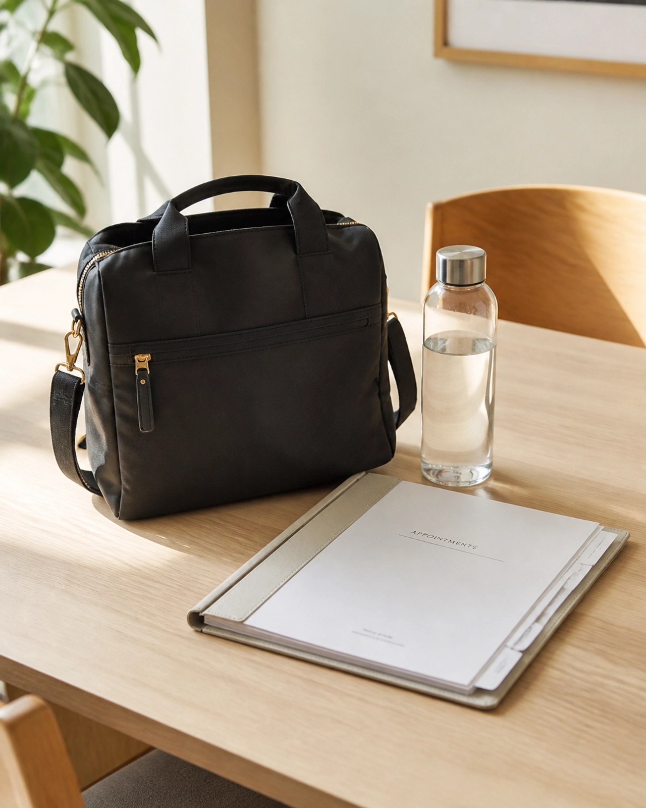 A neatly packed bag with a water bottle and papers on a wooden table