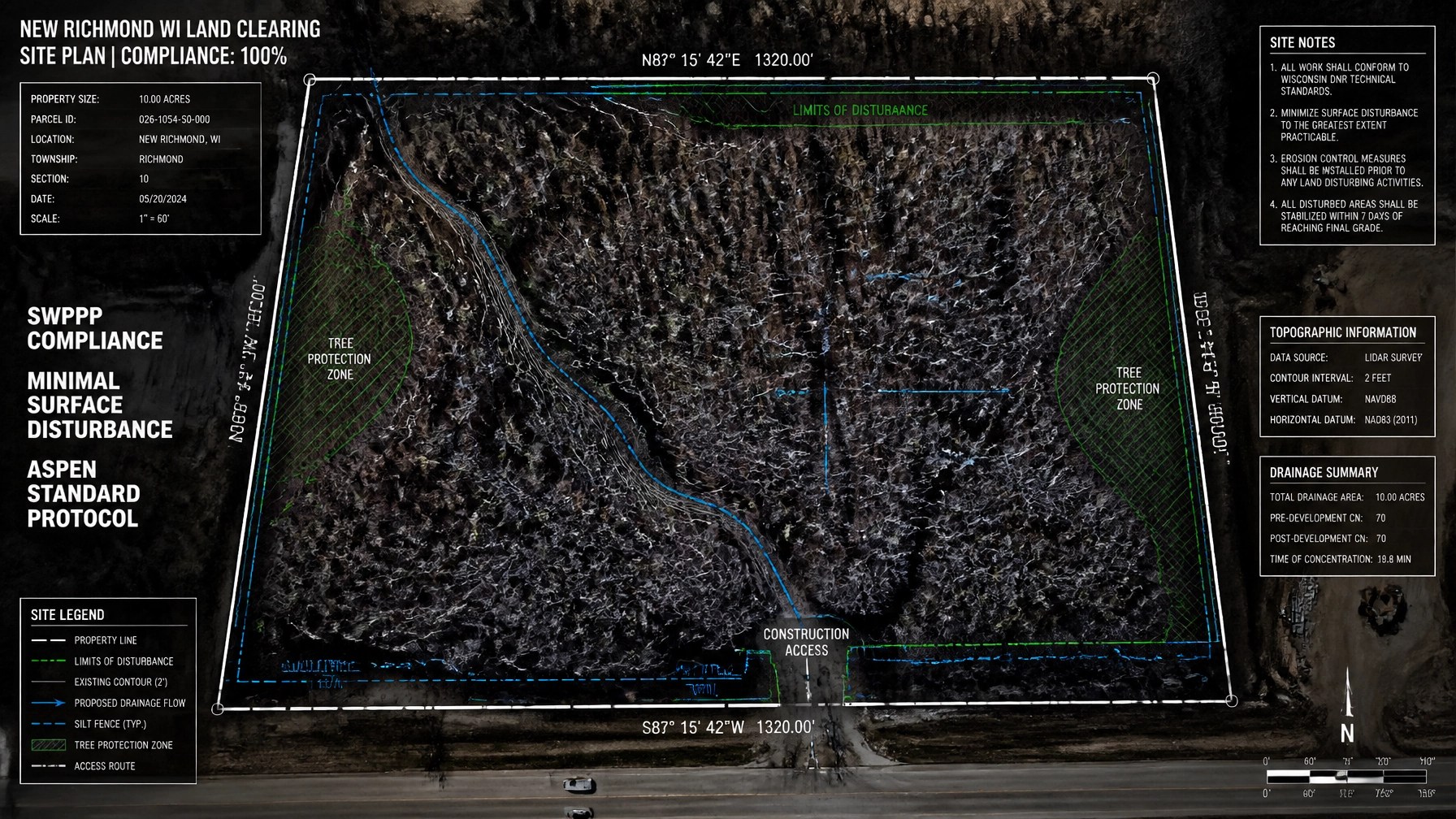 Technical Blueprint top-down view of a land plot with CAD overlays for compliance