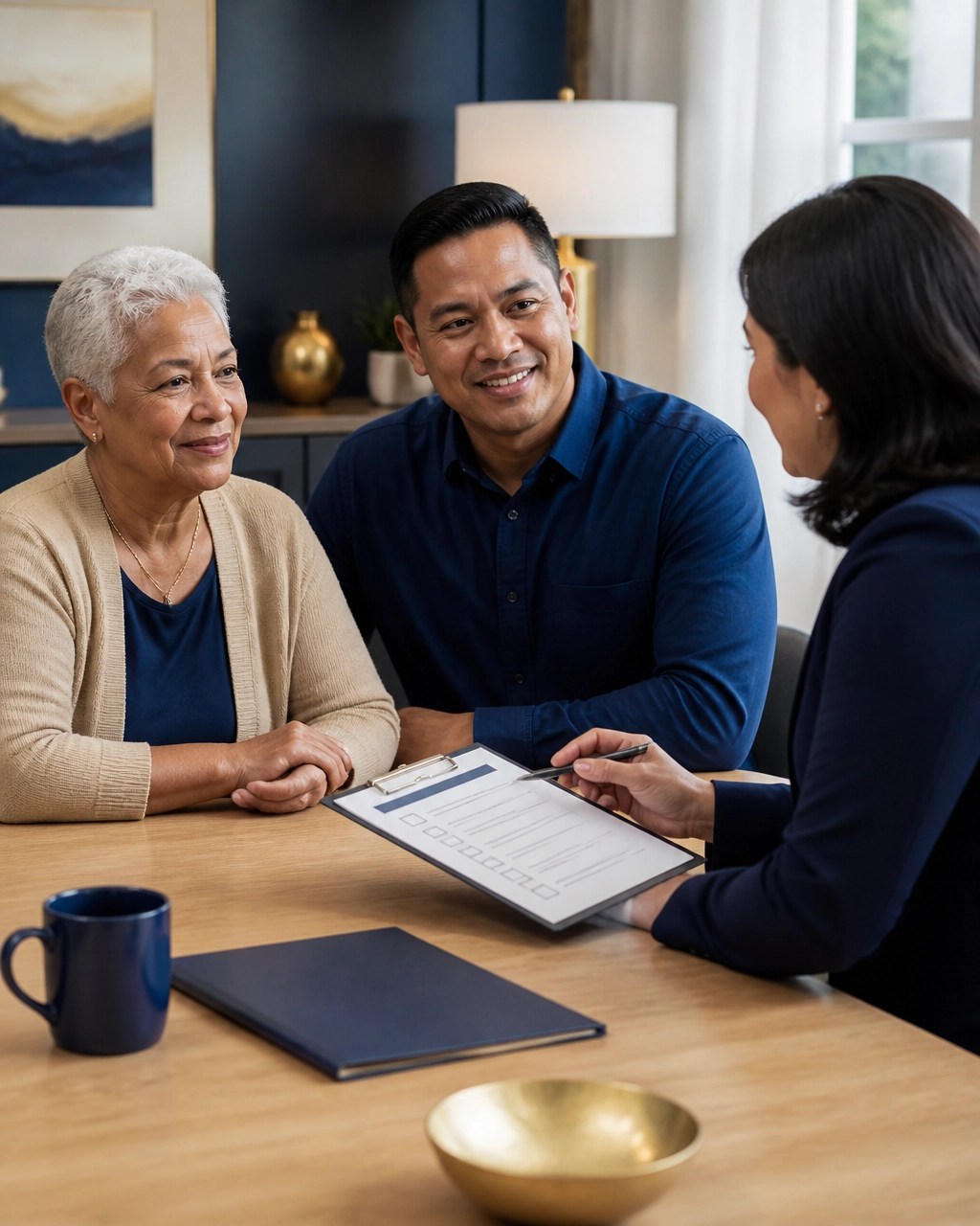 Senior couple speaking with a friendly insurance advisor about final expense coverage